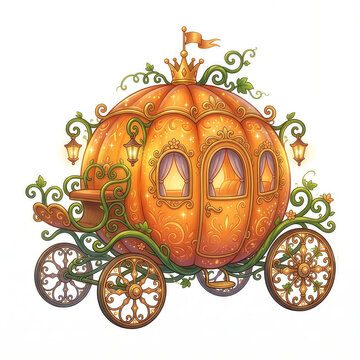 Fairytale Pumpkin Carriage with Crown and Vine Details on White Background