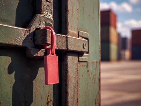 Red security seal on weathered shipping container latch for cargo protection and logistics security