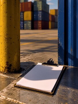 Blank clipboard in shipping container yard for cargo inspection and logistics documentation