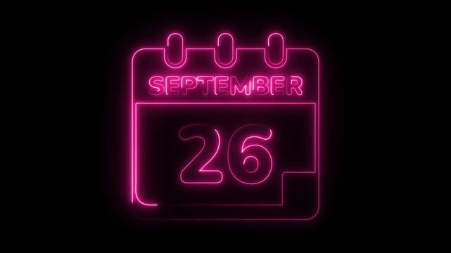 Neon style calendar displaying september 26th date on dark background with glowing pink light