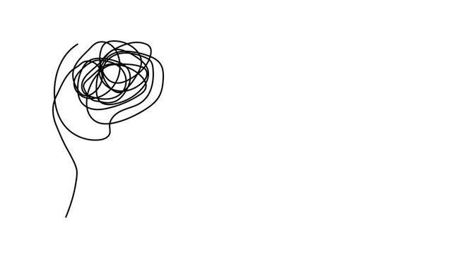Man and woman profiles tangled messy thoughts one line art animation, continuous line drawing couple brain chaos communication motion, relationship empathy psychology therapy 4k