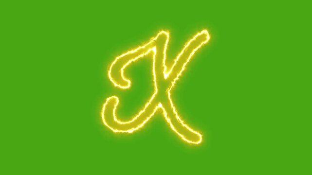 Animated letter k with glowing golden neon fire effect on green screen background, alphabet