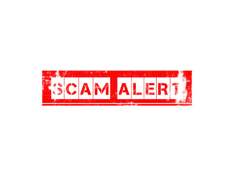 Red and white grunge style text with the words scam alert, featuring distressed typography on a horizontal banner isolated on black background isolated on a transparent background