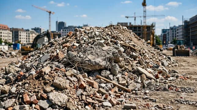 A massive mound of concrete debris, shattered bricks, and twisted steel rebar dominates a dusty demolition site resembling an earthquake aftermath under a bright blue sky