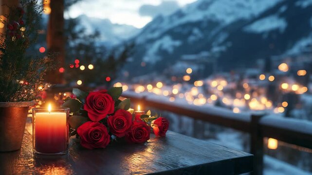 Romantic Valentine's Day marriage proposal with candles and roses against snowy mountains