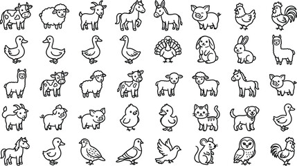 Fototapeta premium Cute Farm and Domestic Animal Line Icon Set Featuring Cow, Sheep, Horse, Pig, Chicken, Duck, and Baby Lamb Poses for Kindergarten Education and Children Book Graphics