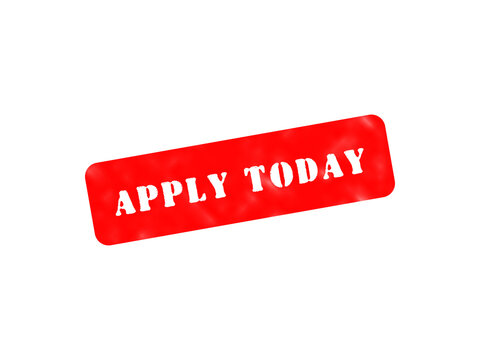 A vibrant red rectangular stamp displaying the white text apply today, isolated on a deep black background, for job applications isolated on a transparent background