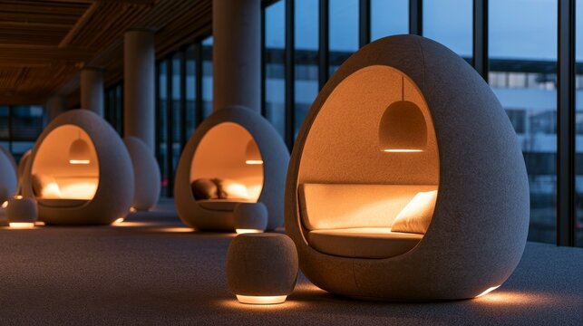 Modern egg-shaped seating pods illuminated with warm ambient light