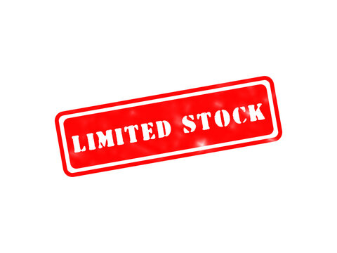 A striking red rectangular stamp with the white text limited stock, isolated on a black background, indicating low inventory for a product isolated on a transparent background