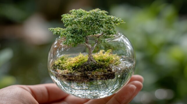 A hand holds a small glass terrarium containing a miniature bonsai tree and moss against a blurred green background.