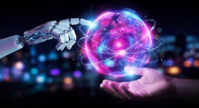 Robotic hand interacting with a glowing digital planet globe