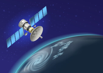 Satellite flying space orbit Earth vector asset. Global communication network technology, digital signal connection, telecommunication system, cosmic planet exploration graphic design concept. © tommyanaim