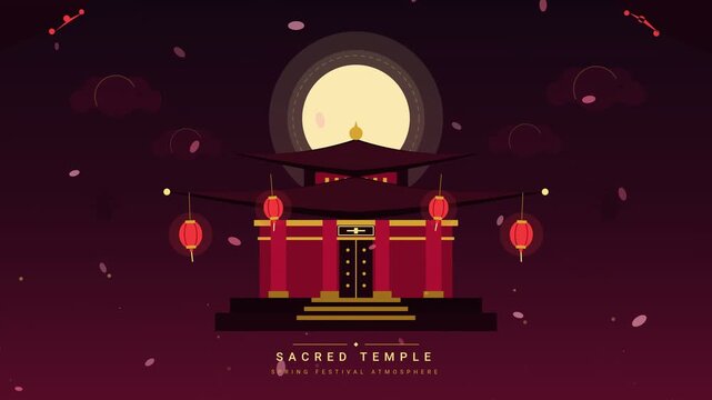 Chinese Temple Animation with Lanterns and Full Moon for Lunar New Year