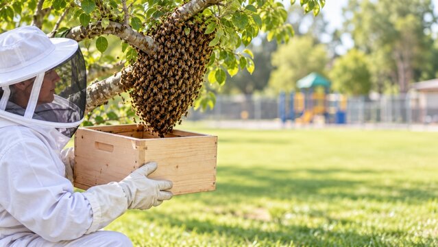 Beekeeper harvesting honeybee swarm from tree outdoors wearing protective suit and gloves in park