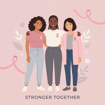 Stronger Together: Three women of diverse backgrounds stand arm-in-arm, united by their support for breast cancer awareness.