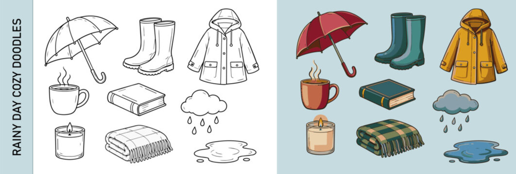Rain weather hand drawn vector elements with umbrella, boots, coat and indoor accessories