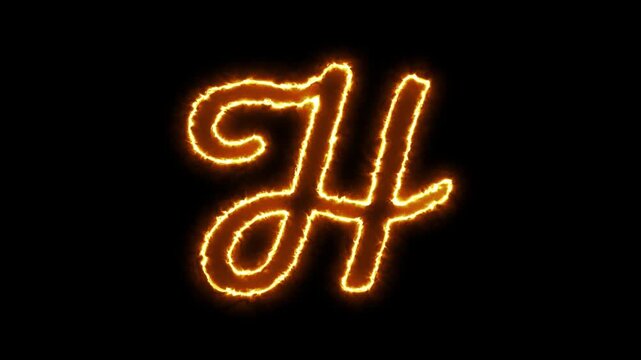 Glowing neon letter h animation, fiery script alphabet character on black background, abstract energy light effect for motion