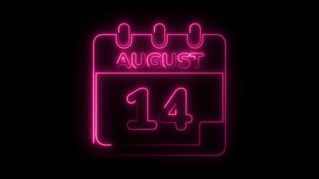 Neon august fourteenth date animation celebration reminder special day schedule appointment event