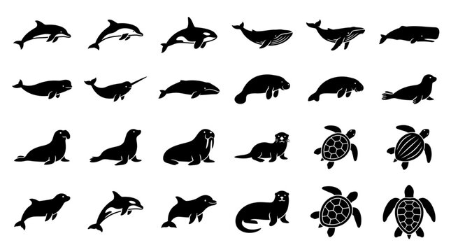 Marine mammal silhouettes featuring dolphins whales seals sea turtles and manatees set icon.