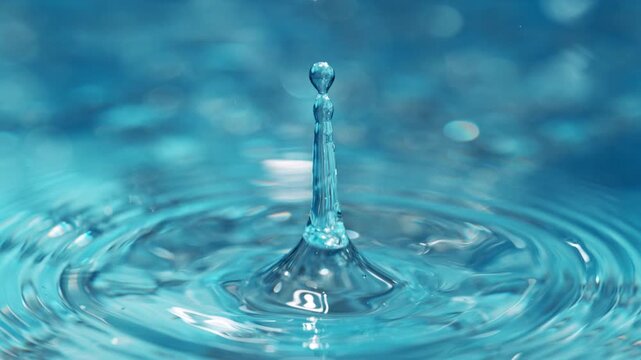Macro close-up of a falling water drop creating a splash and ripples on a clear water surface. High-speed capture revealing fluid motion, transparency, and intricate details.