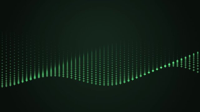 Abstract green wave made of glowing plus symbols moving across dark digital background.