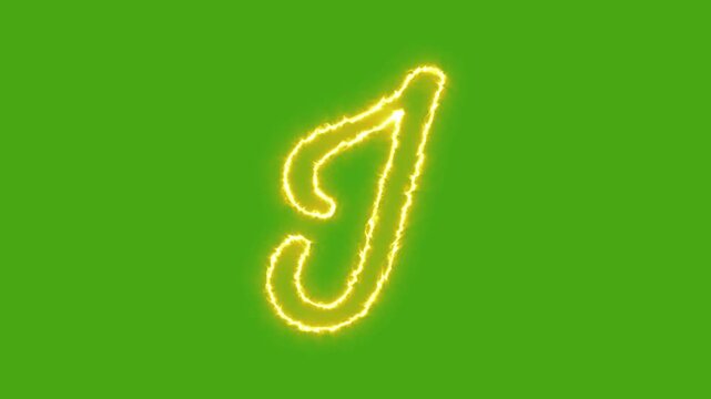 Glowing neon letter j animation with electric energy effect on green screen alphabet