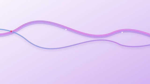 Abstract 3D looping animation featuring glowing blue and pink wavy lines intersecting at a single red point on a minimalist lavender background with subtle white particle accents.