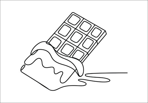 Chocolate bar with opened foil wrapper single continuous line art drawing, featuring sweet snack, cocoa dessert, and confectionery concept for food packaging.