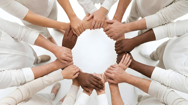 Diverse group of people joining hands in a circle showing unity and teamwork