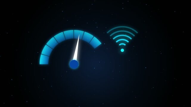 Abstract digital speed gauge meter and glowing wireless network symbol speedometer wifi icon