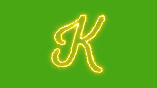 Animated letter k with glowing golden neon electric energy effect on green screen background alphabet