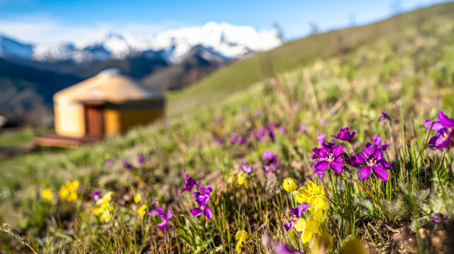 Close up of vibrant purple and yellow flowers in the foreground with a blurred yurt and snow capped mountains in the background, suggesting a serene mountain retreat.