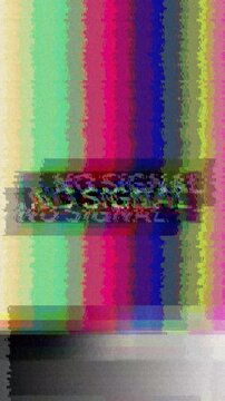 Classic television test pattern with vibrant vertical stripes in a spectrum of colors, featuring a prominent black bar with white text reading 'NO SIGNAL' at the top