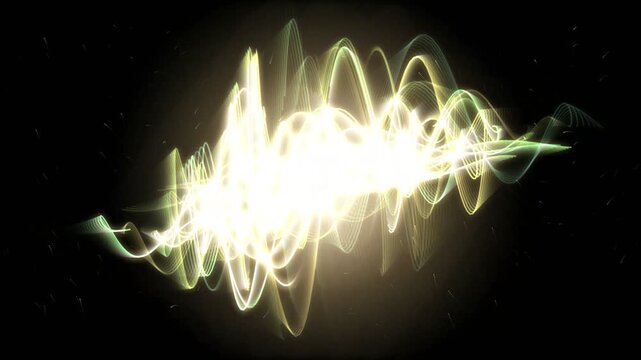Abstract sound wave visualization with glowing light curves moving on a dark background