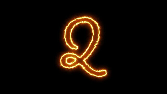 Glowing fire letter q animation, burning alphabet character with realistic flame effect on black background