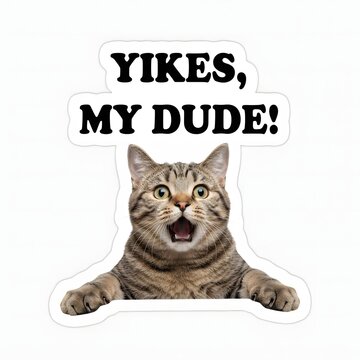 Surprised tabby cat sticker with Yikes My Dude text on white background