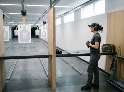 Woman practicing at indoor shooting range, focused on targets, wearing safety gear