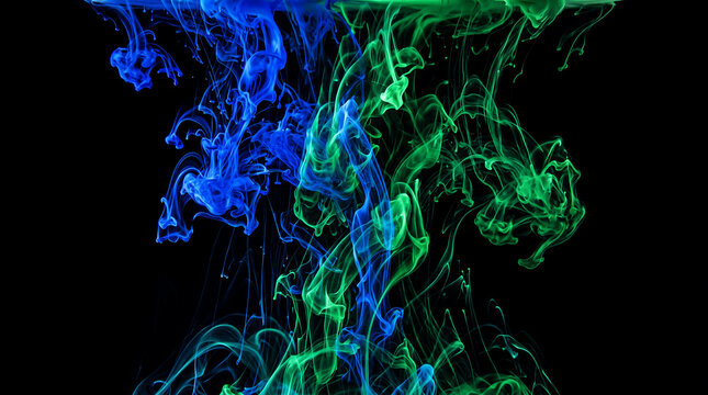 Blue and green ink drops swirling and mixing in water on a dark black background