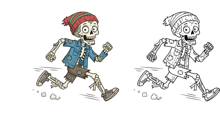Running zombie skeleton character wearing winter hat fantasy cartoon illustration