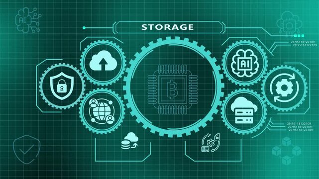 Futuristic HUD cloud storage concept animation with secure database server icons.