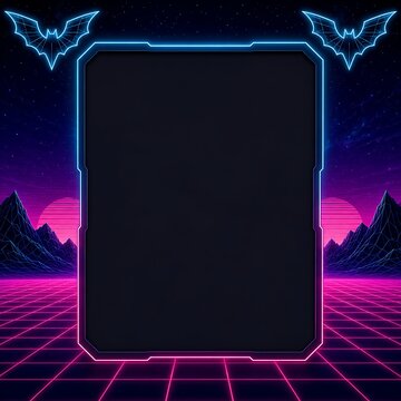 Retro 80s Synthwave Halloween Frame Background with Neon Glowing Bats and Grid Horizon