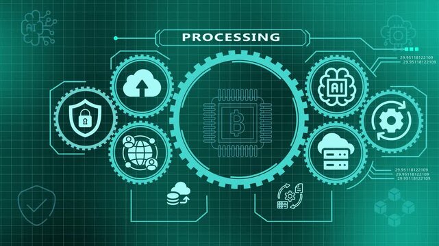 Digital HUD display illustrating high speed data processing and CPU cloud computing.