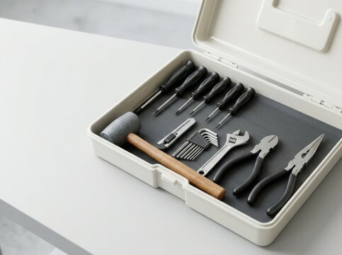 Neatly arranged toolbox with hand tools, including screwdrivers, pliers, and hammer, for commercial use