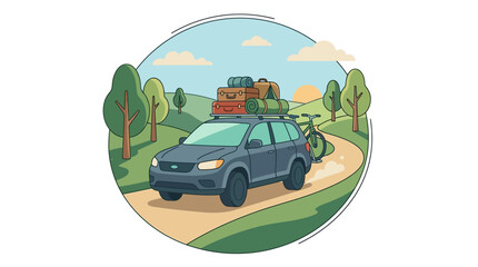 Obraz premium Road Trip Adventure: SUV with Luggage and Bike on Roof Rack, Traveling Through Scenic Landscape