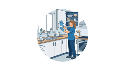 Obraz premium Woman cleaning kitchen cabinet, home hygiene, domestic chores, tidying up, housekeeping, disinfection, isolated on transparent background