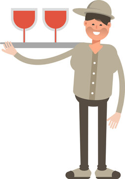 Boy with Cap Character Serving Wine Illustration
