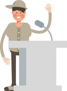 Boy with Cap Character Speaking on Podium
