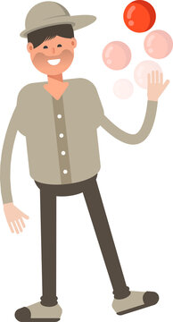 Boy with Cap Character Playing Ball
