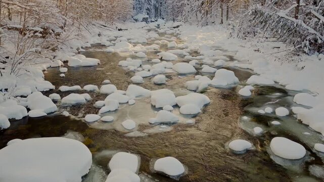 Beautiful Winter Mountain River Covered with Ice and Snow