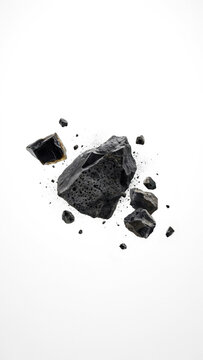 Black volcanic coal fragments scattering with charcoal volcanic fragment material industrial resource particulate formation abstract crumbled as clean cutout